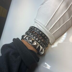 2 PCs black Chain bracelet + Studded Silver bracelet Gothic faux leather